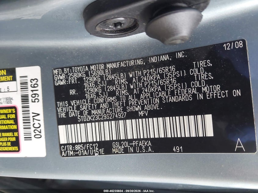 TOYOTA SIENNA 2009 VIN 5TDZK23C29S274927