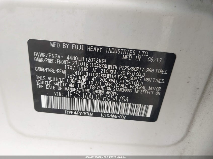 SUBARU FORESTER 2014 VIN JF2SJAAC0EH454764