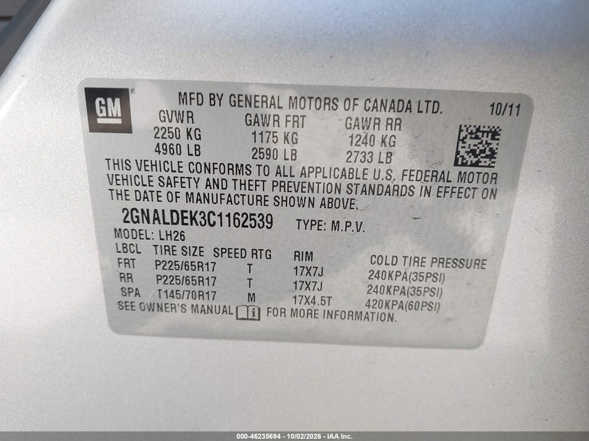 CHEVROLET EQUINOX 2012 VIN 2GNALDEK3C1162539