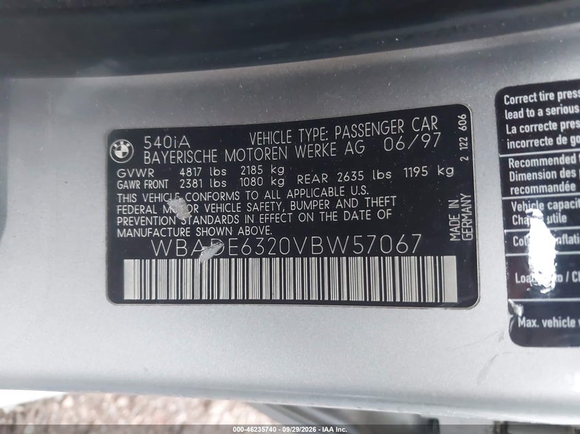 BMW 540IA 1997 VIN WBADE6320VBW57067