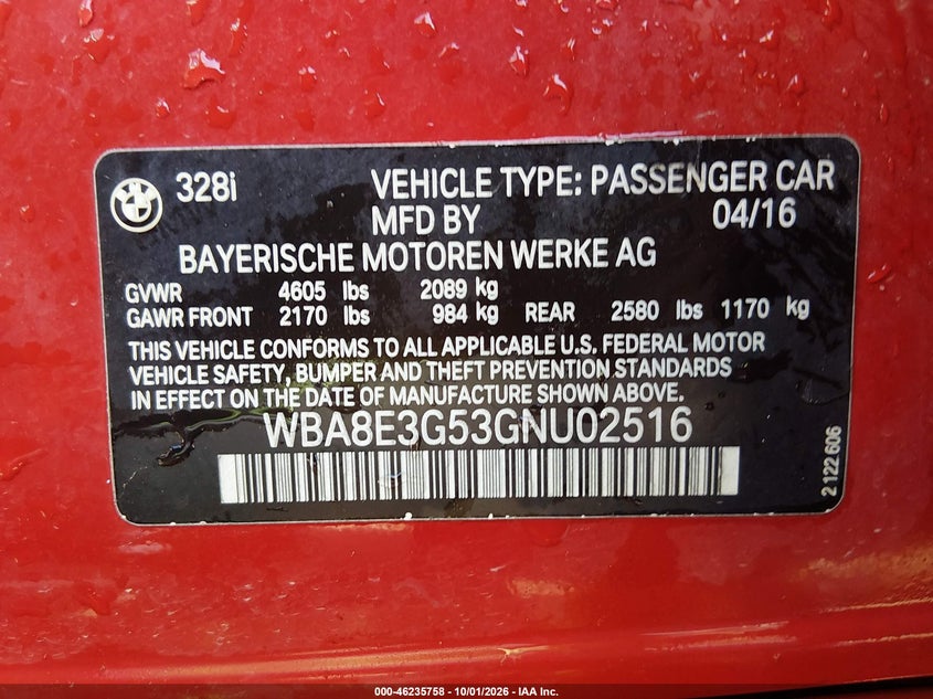 BMW 328I 2016 VIN WBA8E3G53GNU02516