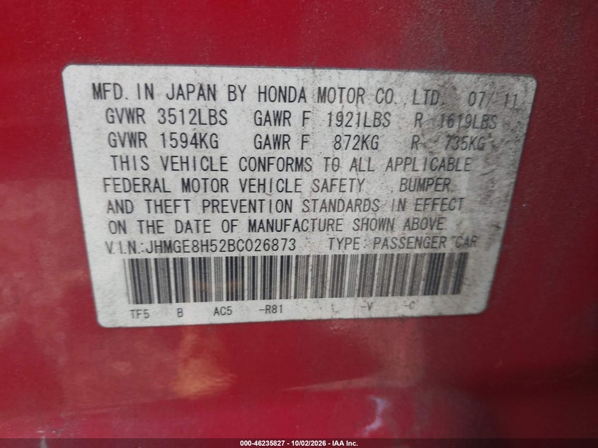 HONDA FIT 2011 VIN JHMGE8H52BC026873