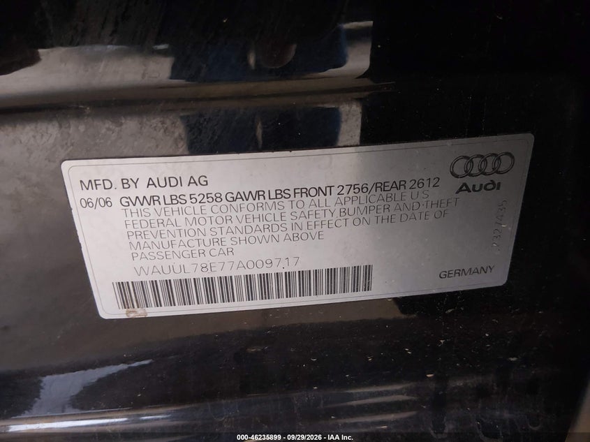 AUDI S4 2007 VIN WAUUL78E77A009717