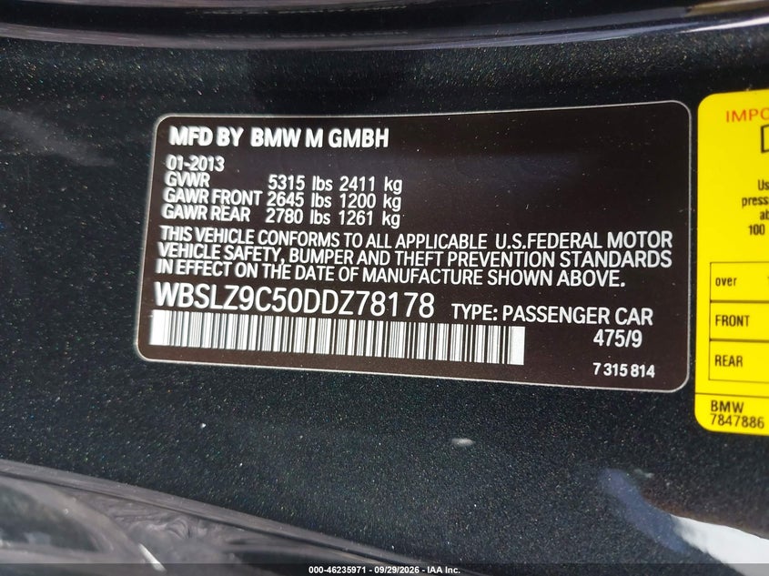 BMW M6 2013 VIN WBSLZ9C50DDZ78178