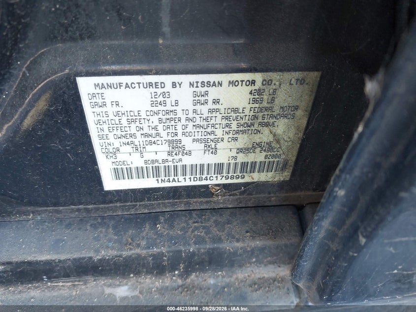 NISSAN ALTIMA 2004 VIN 1N4AL11D84C179899