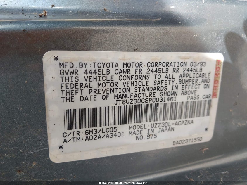 LEXUS SC 1993 VIN JT8UZ30C8P0031461