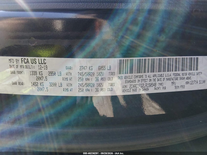CHRYSLER PACIFICA 2020 VIN 2C4RC1FG2LR150548