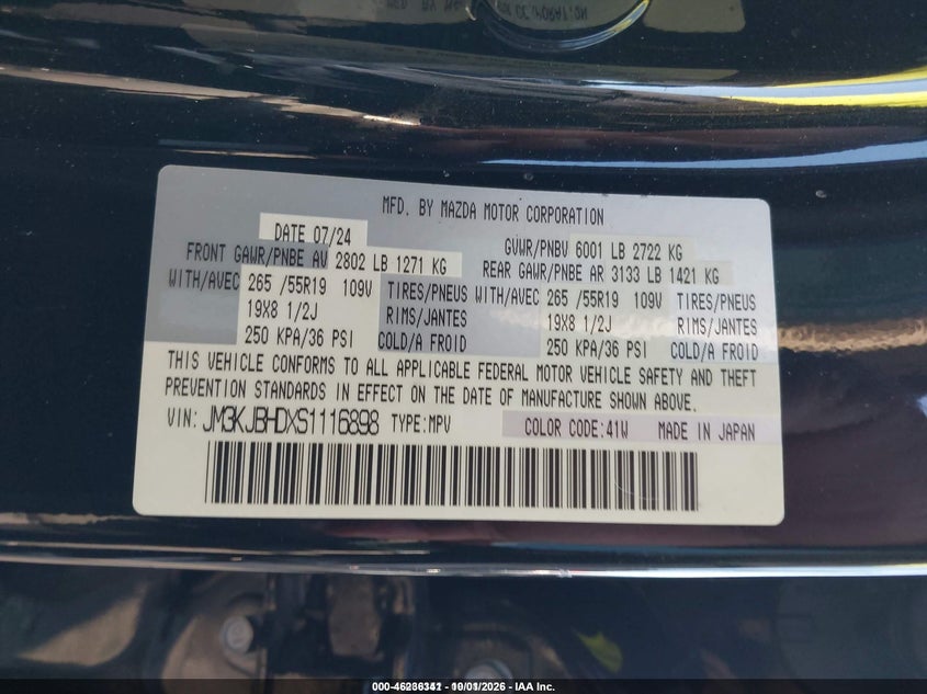 MAZDA CX-70 2025 VIN JM3KJBHDXS1116898