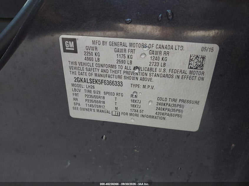 GMC TERRAIN 2015 VIN 2GKALSEK5F6366333