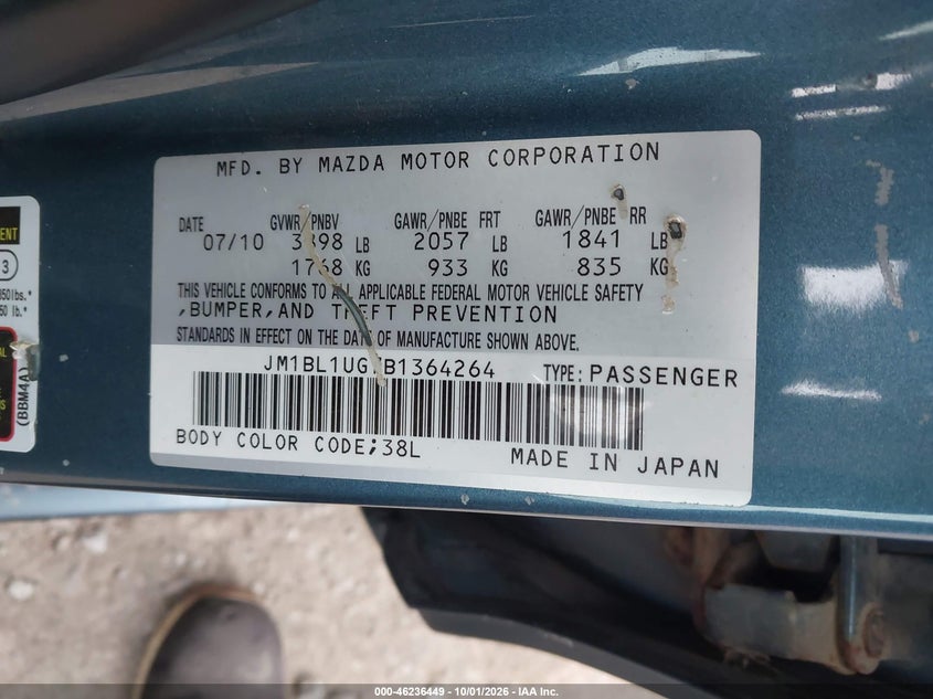 MAZDA MAZDA3 2011 VIN JM1BL1UG7B1364264