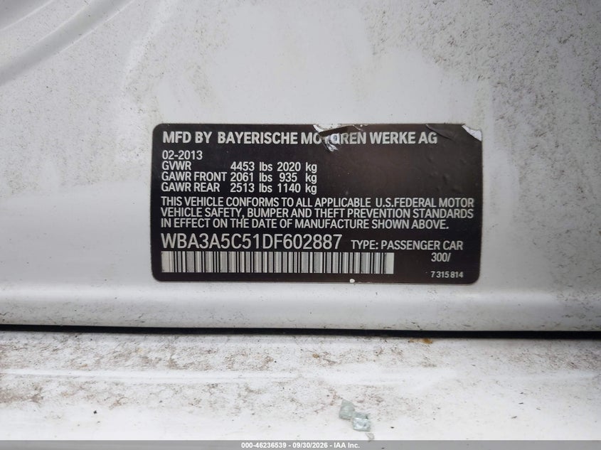 BMW 328I 2013 VIN WBA3A5C51DF602887