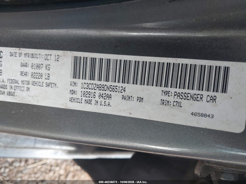DODGE AVENGER 2013 VIN 1C3CDZAB9DN565124