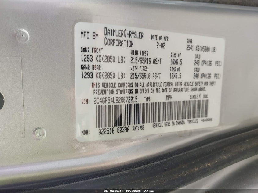 CHRYSLER TOWN & COUNTRY 2002 VIN 2C4GP54L82R672215
