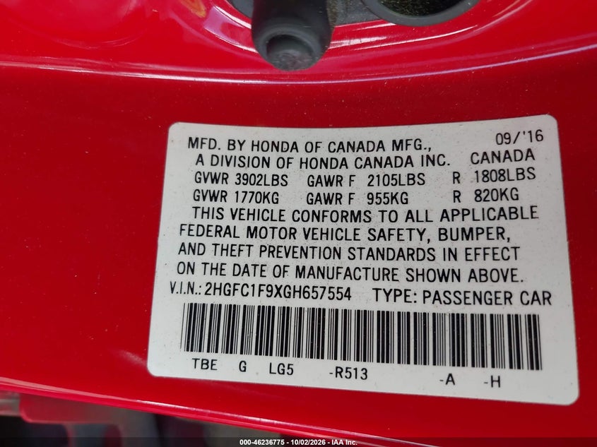 HONDA CIVIC 2016 VIN 2HGFC1F9XGH657554