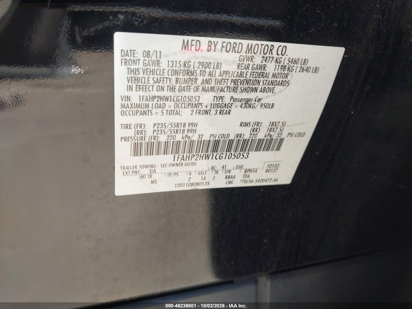 FORD TAURUS 2012 VIN 1FAHP2HW1CG105053