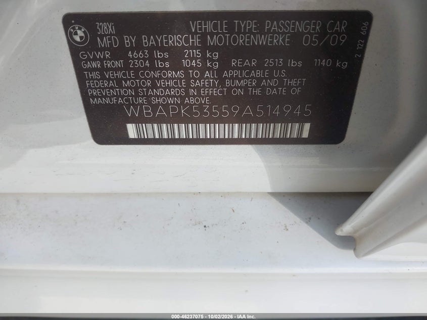BMW 328I 2009 VIN WBAPK53559A514945