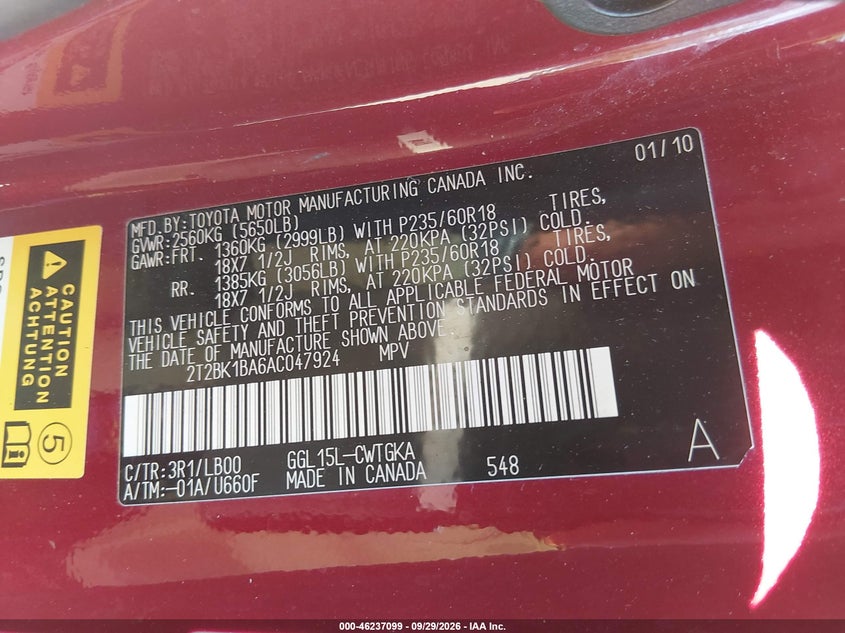 LEXUS RX 350 2010 VIN 2T2BK1BA6AC047924