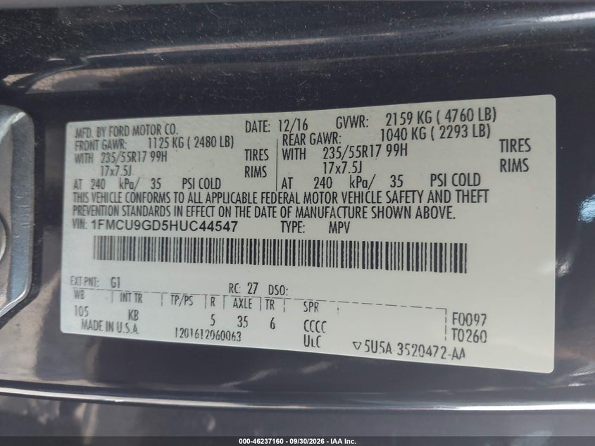 FORD ESCAPE 2017 VIN 1FMCU9GD5HUC44547