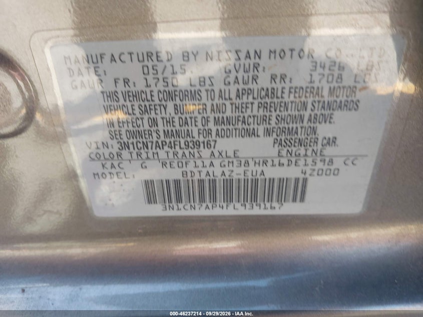 NISSAN VERSA 2015 VIN 3N1CN7AP4FL939167