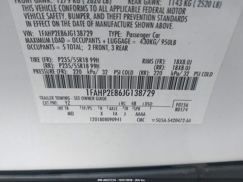 FORD TAURUS 2018 VIN 1FAHP2E86JG138729