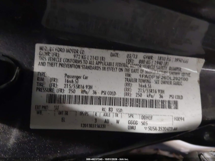 FORD FOCUS 2013 VIN 1FADP3F26DL292500