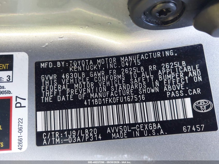 TOYOTA CAMRY HYBRID 2015 VIN 4T1BD1FK0FU167516