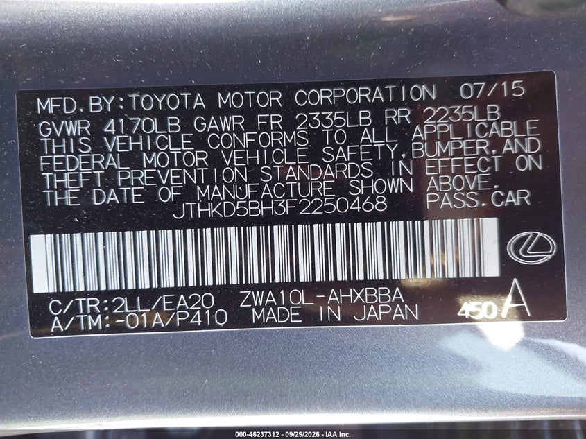LEXUS CT 200H 2015 VIN JTHKD5BH3F2250468