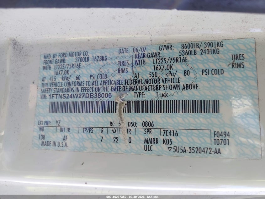 FORD E-250 2007 VIN 1FTNS24W27DB38006