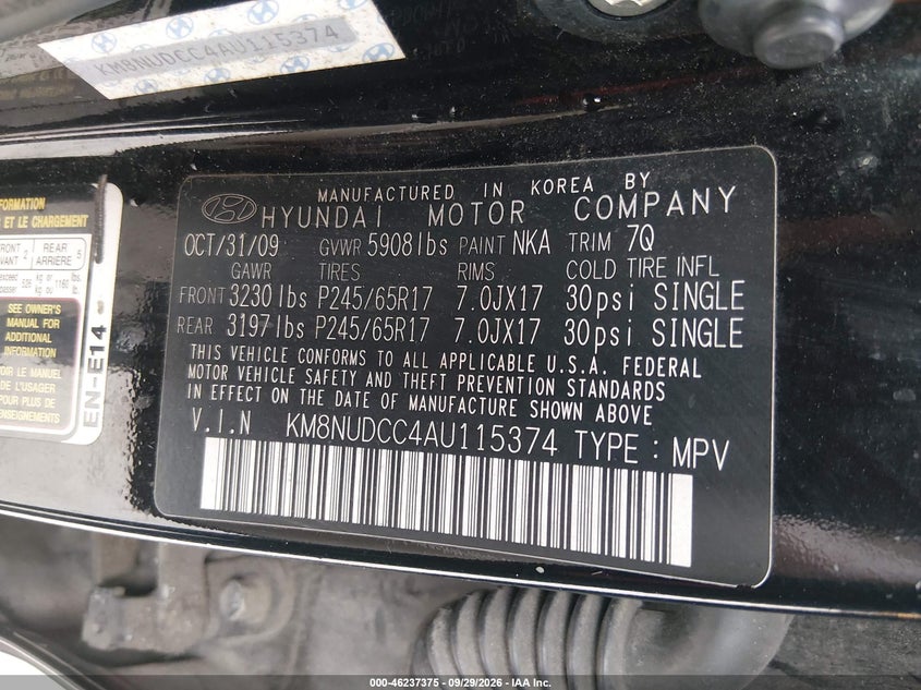 HYUNDAI VERACRUZ 2010 VIN KM8NUDCC4AU115374