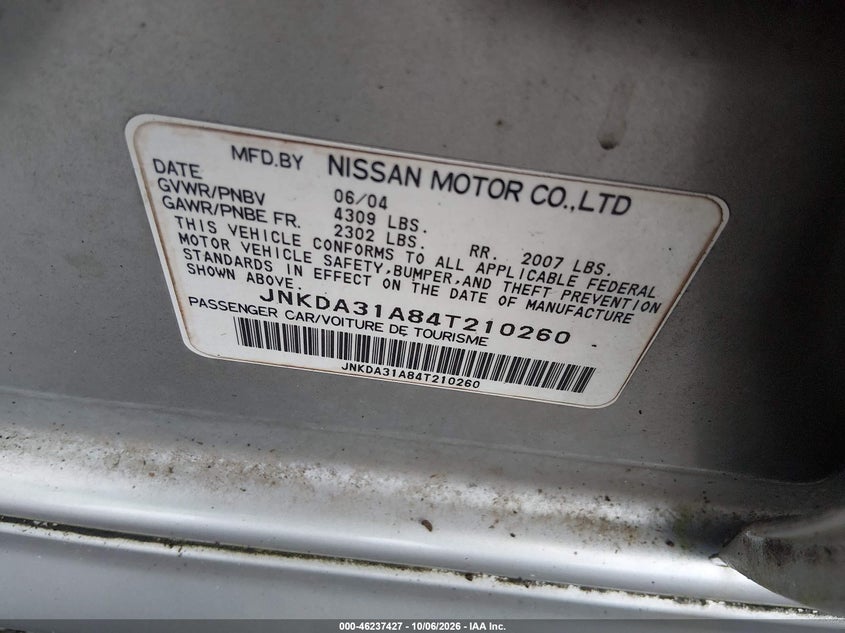 INFINITI I35 2004 VIN JNKDA31A84T210260