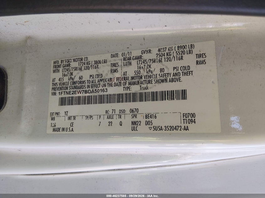 FORD E-250 2011 VIN 1FTNE2EW7BDA50163