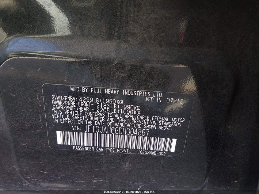 SUBARU IMPREZA 2013 VIN JF1GJAH66DH004867