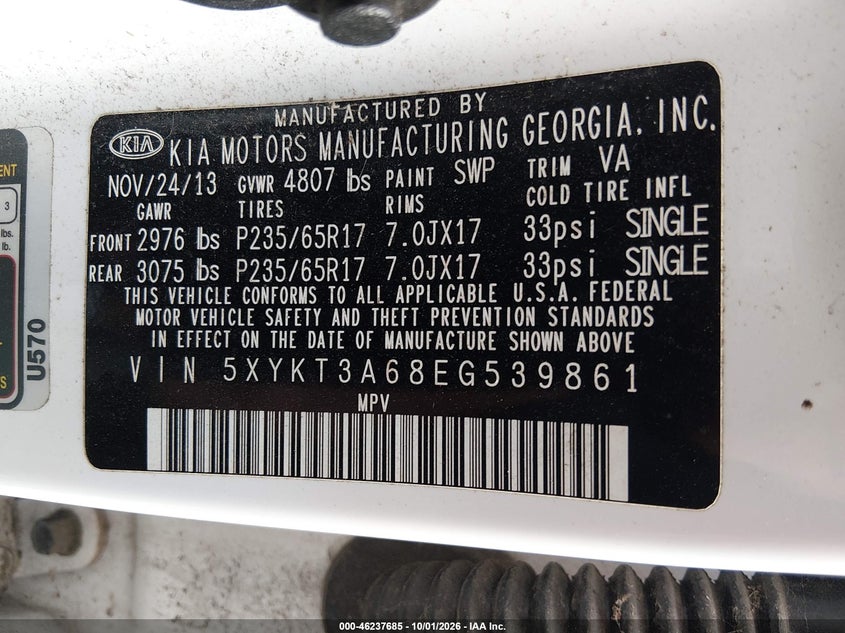 KIA SORENTO 2014 VIN 5XYKT3A68EG539861