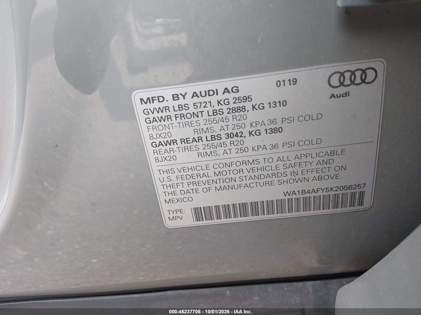 AUDI SQ5 2019 VIN WA1B4AFY5K2056257