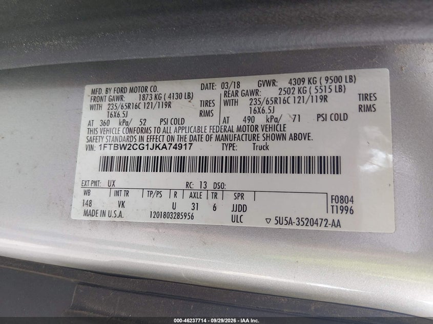 FORD TRANSIT-350 2018 VIN 1FTBW2CG1JKA74917