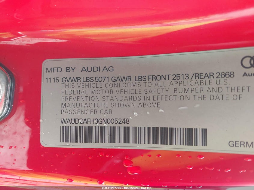 AUDI A5 2016 VIN WAUD2AFH3GN005248