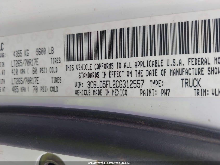 DODGE RAM 2500 2012 VIN 3C6UD5FL2CG312557