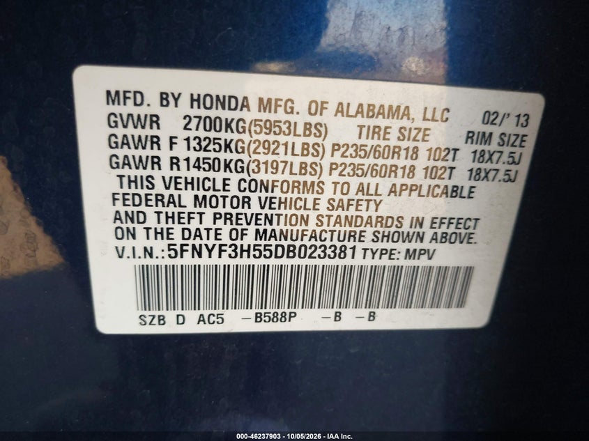 HONDA PILOT 2013 VIN 5FNYF3H55DB023381