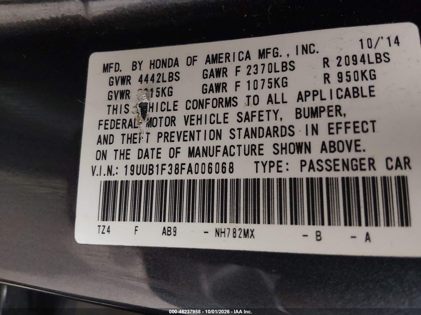 ACURA TLX 2015 VIN 19UUB1F38FA006068