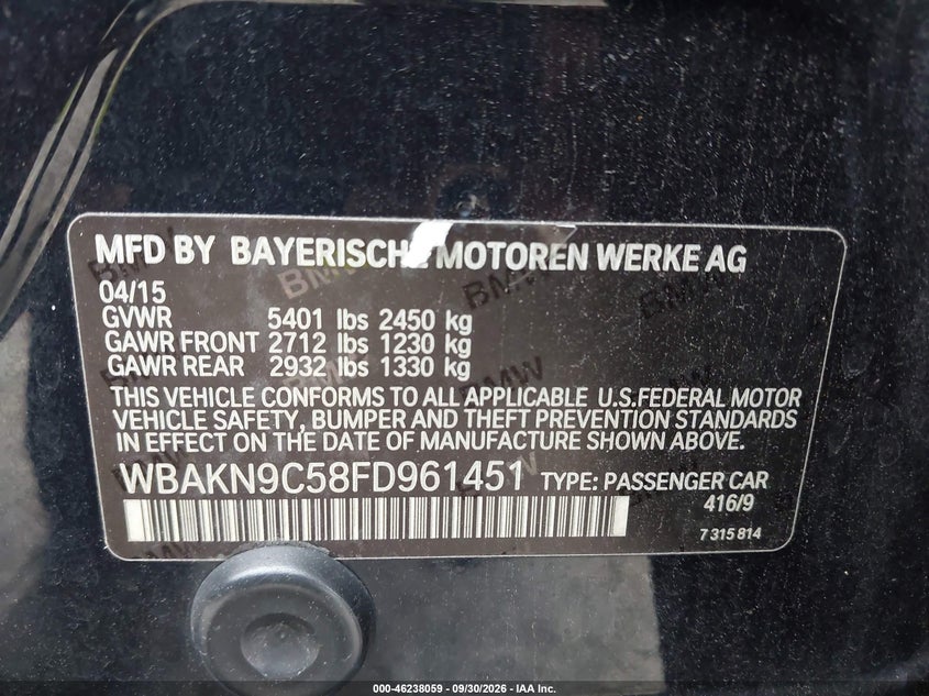 BMW 550I 2015 VIN WBAKN9C58FD961451
