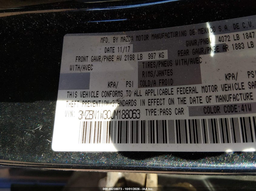MAZDA MAZDA3 2018 VIN 3MZBN1W30JM188063