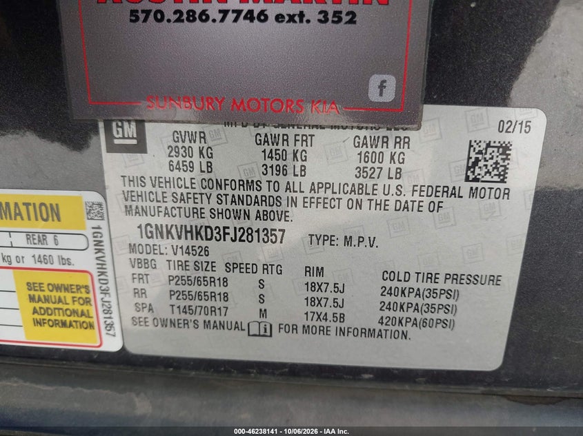 CHEVROLET TRAVERSE 2015 VIN 1GNKVHKD3FJ281357