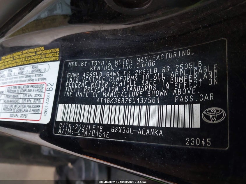 TOYOTA AVALON 2006 VIN 4T1BK36B76U137561