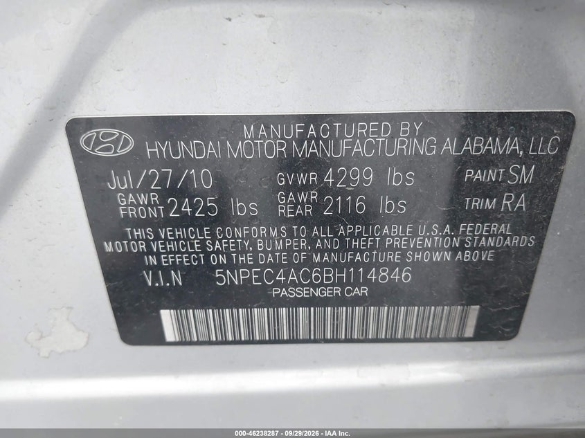 HYUNDAI SONATA 2011 VIN 5NPEC4AC6BH114846