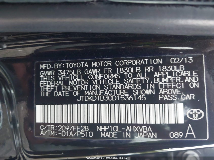 TOYOTA PRIUS C 2013 VIN JTDKDTB30D1536145