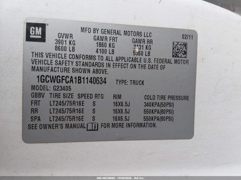CHEVROLET EXPRESS 2500 2011 VIN 1GCWGFCA1B1140634