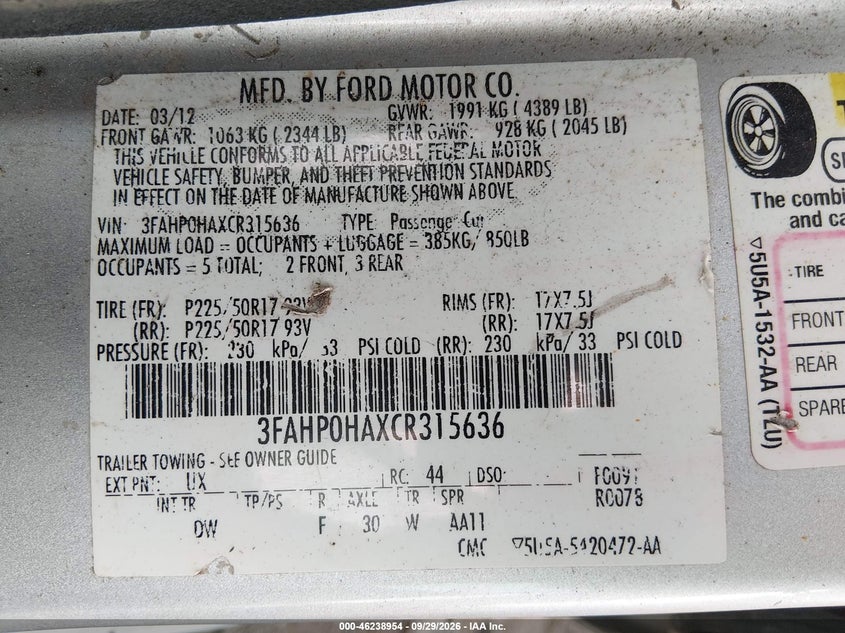 FORD FUSION 2012 VIN 3FAHP0HAXCR315636