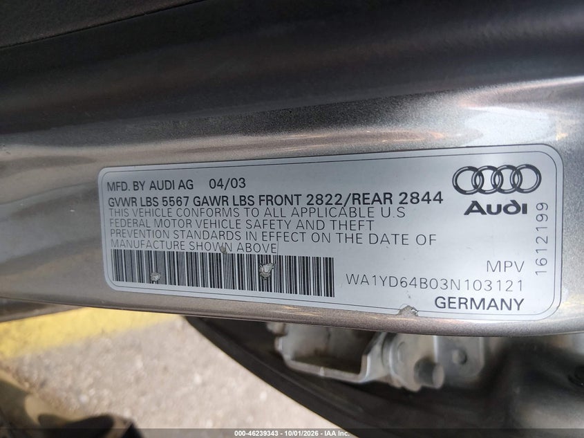 AUDI ALLROAD 2003 VIN WA1YD64B03N103121