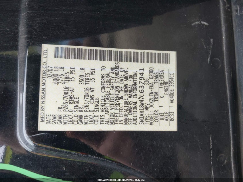 NISSAN PATHFINDER 2007 VIN 5N1AR18W47C637941