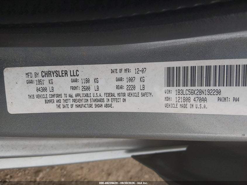 DODGE AVENGER 2008 VIN 1B3LC56K28N192290